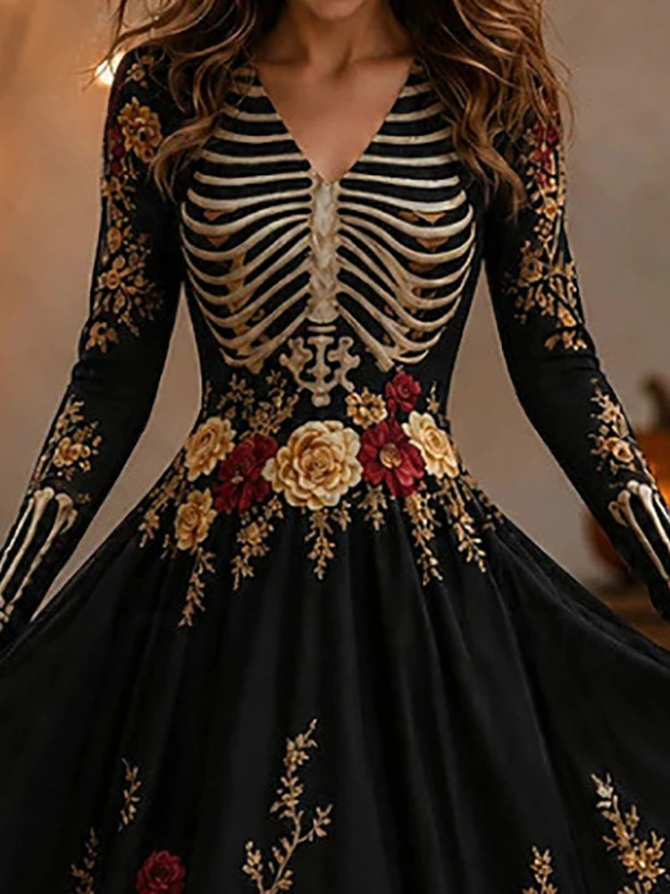 Close up of skeleton rib cage print and floral waist detail on black maxi dress