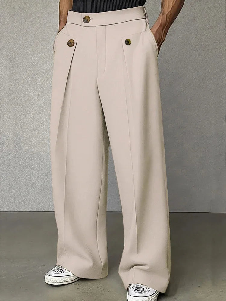 Cream wide leg trousers with button tab pockets, front view