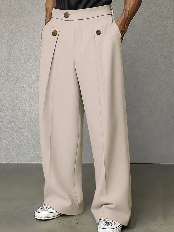 Cream wide leg trousers with button tab pockets, front view