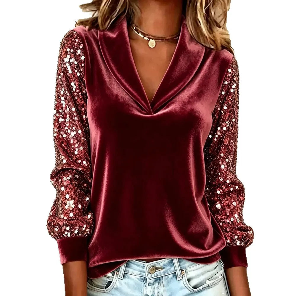 Red velvet blouse with sequined sleeves and shawl collar