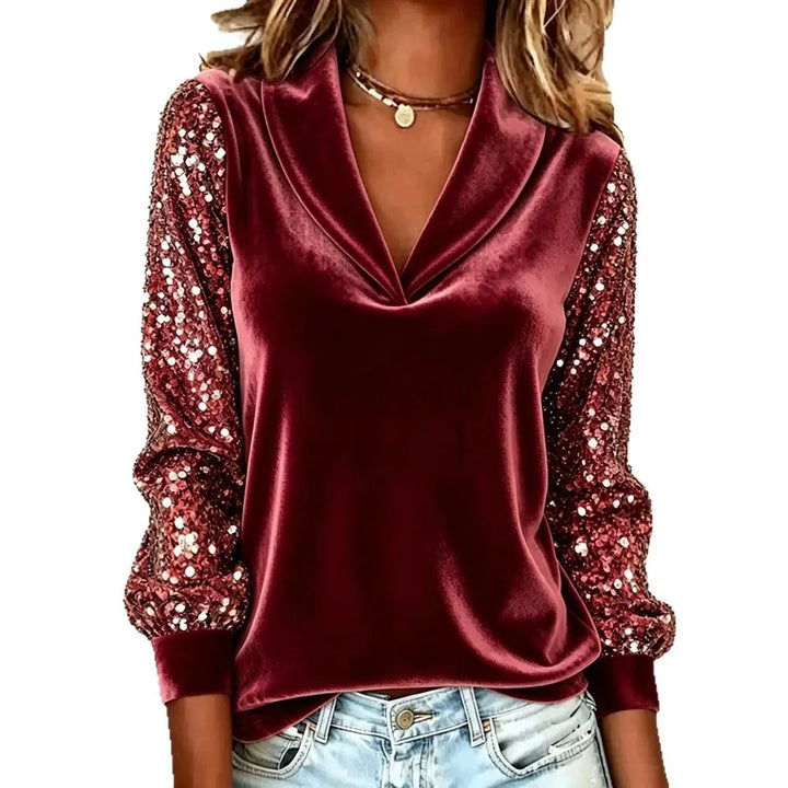 Red velvet blouse with sequined sleeves and shawl collar