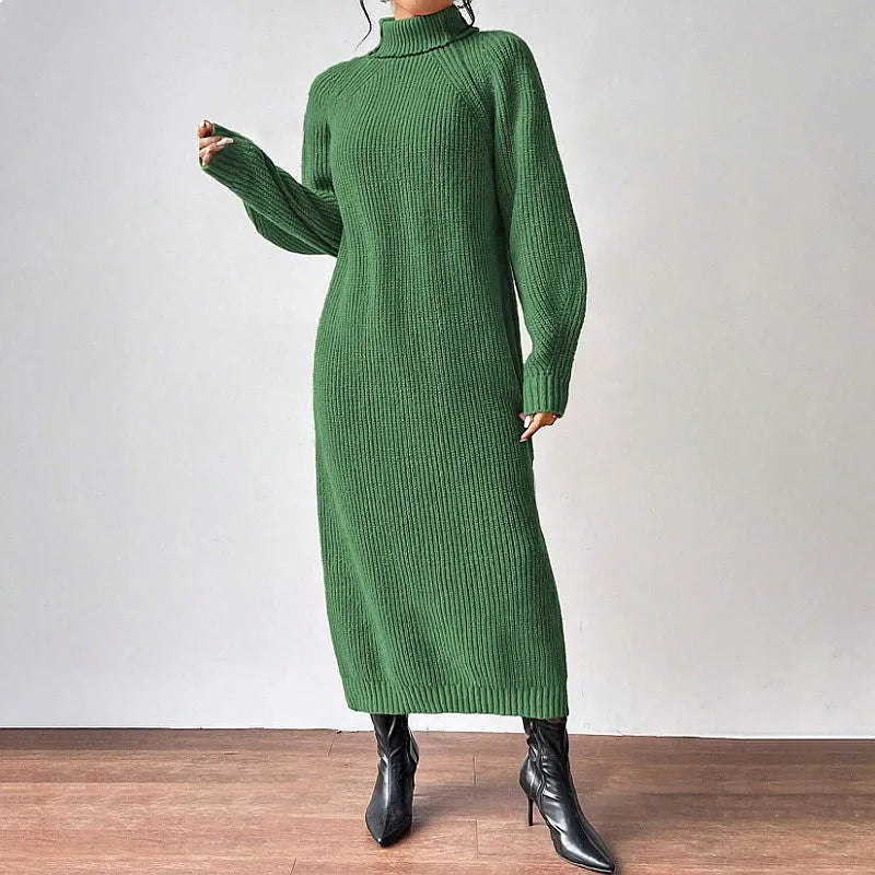 Green ribbed knit turtleneck maxi sweater dress, front view