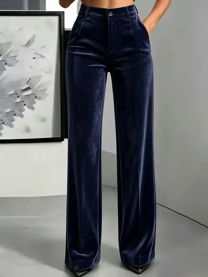 Deep blue velvet high waist wide leg pants front view