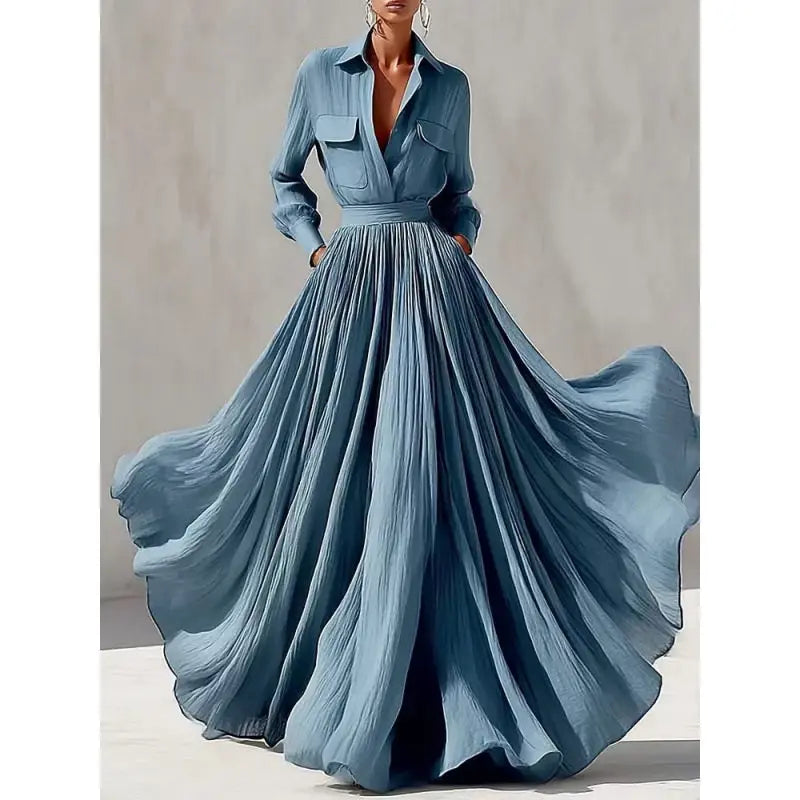 Blue crinkled maxi shirt dress with pleated A-line skirt, front view
