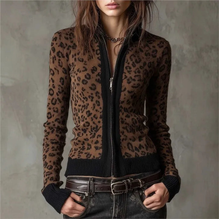 Brown leopard print zip front cardigan on model, front view