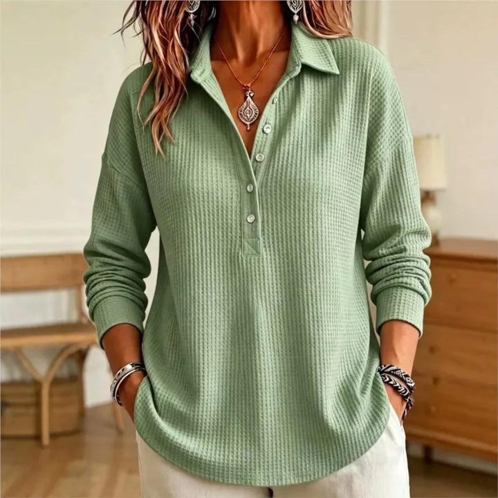 Light green waffle knit polo shirt, front view