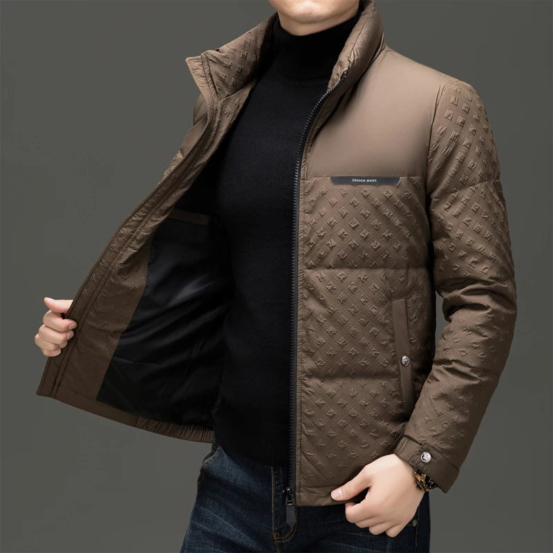 Brown puffer jacket open showing interior lining and pocket detail