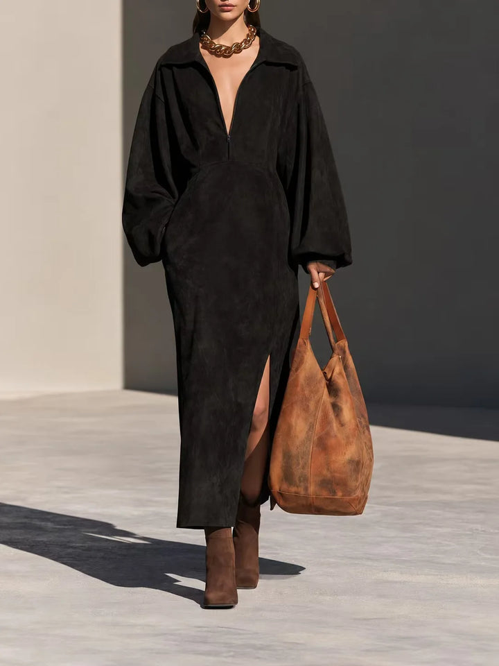 Black suede-look sheath dress with lantern sleeves, close front view