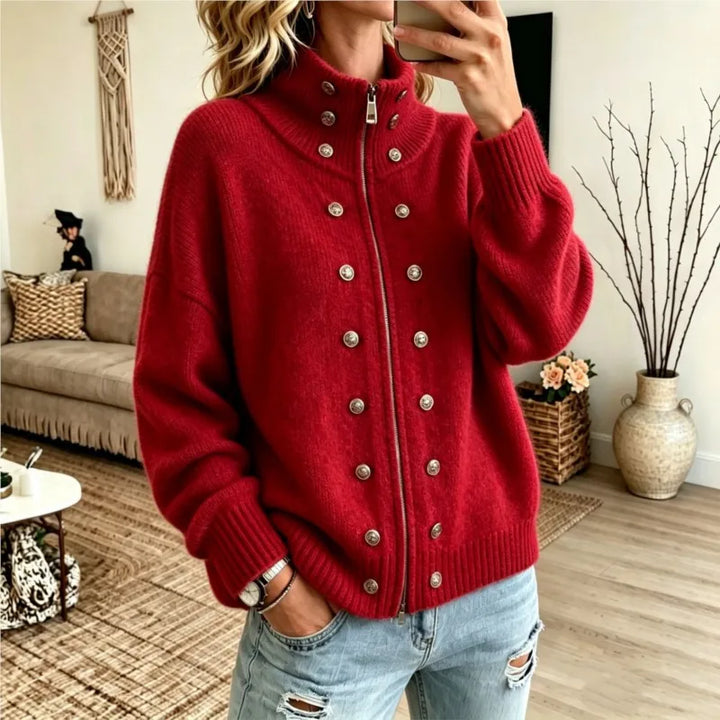 Woman wearing red stand collar zip cardigan with button details