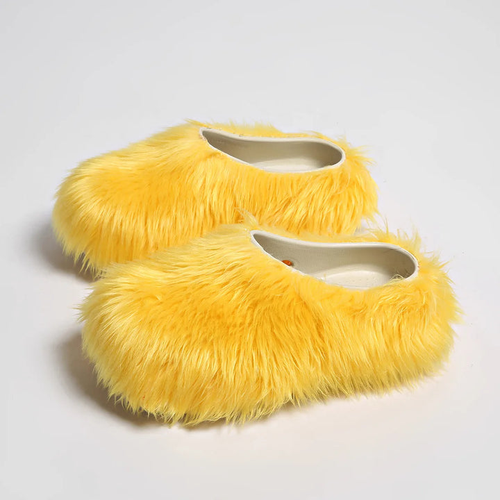 Yellow faux fur platform slipper mules, angled view