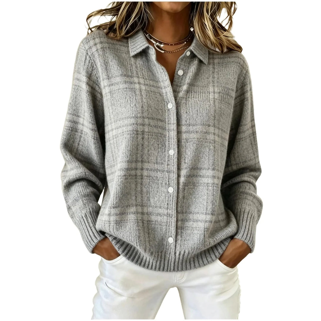 Woman wearing gray plaid knit button front cardigan