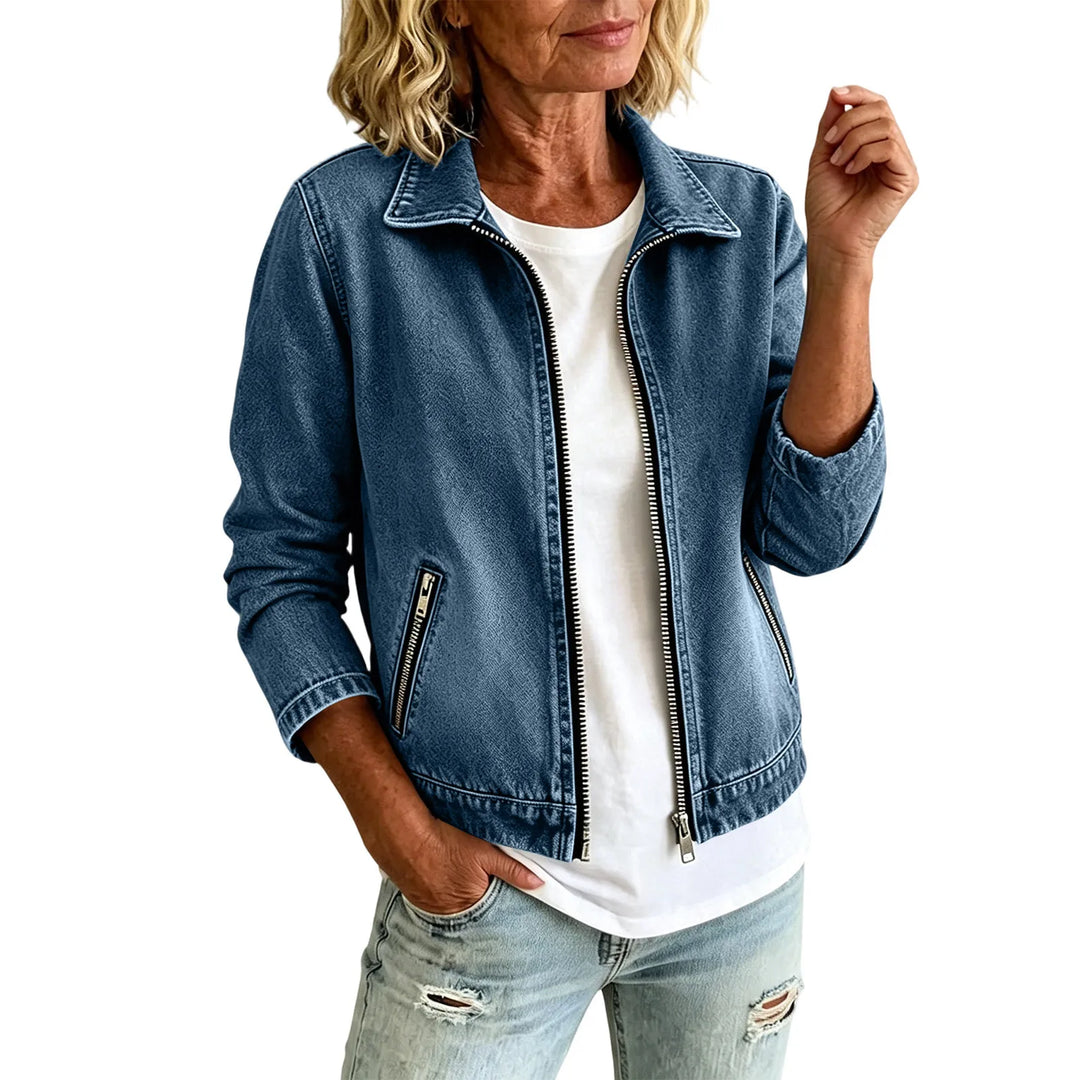 Navy blue denim jacket with zip front on white background