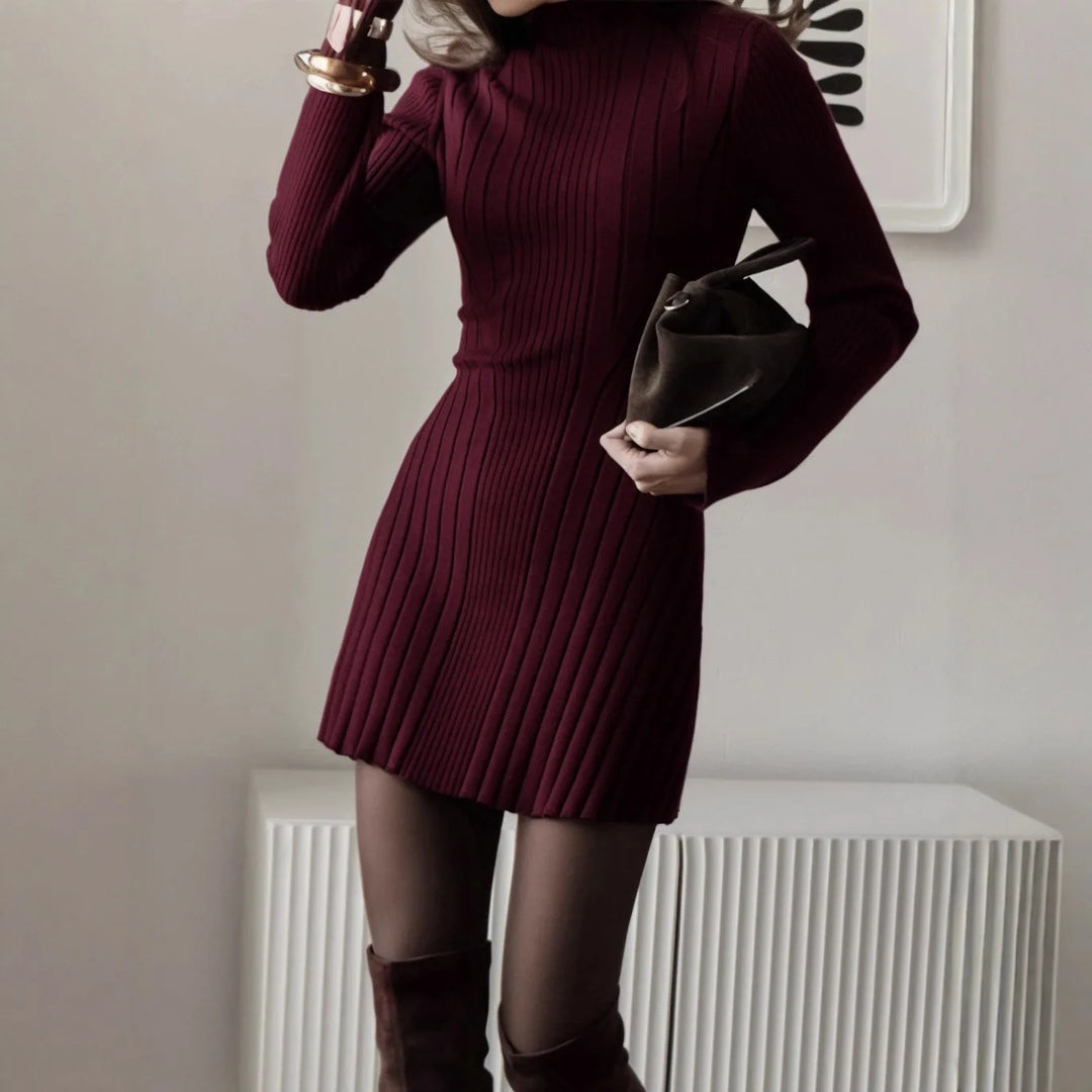 Dark red ribbed knit mini sweater dress with boots