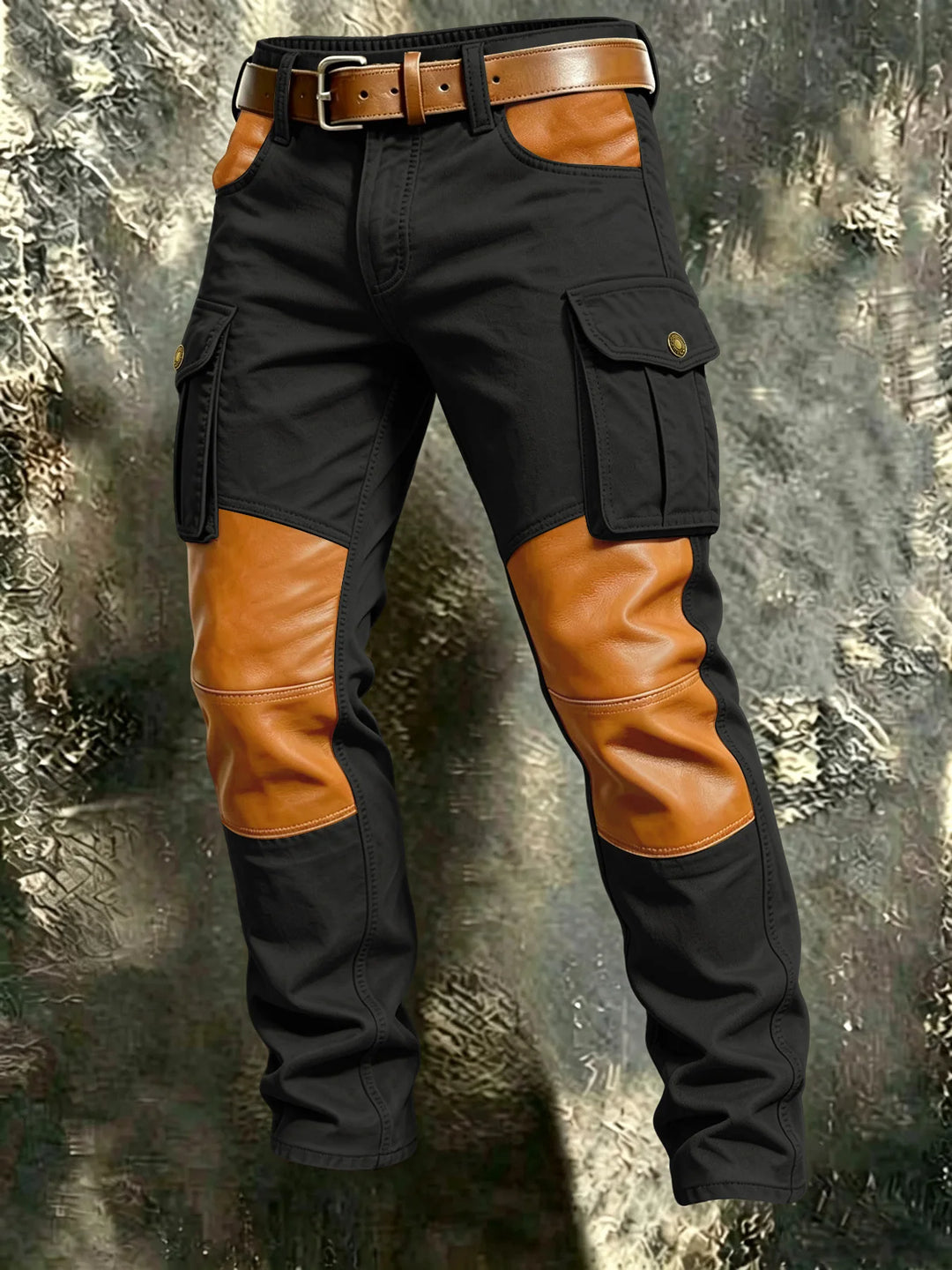 Black cargo pants with faux leather knee and pocket panels