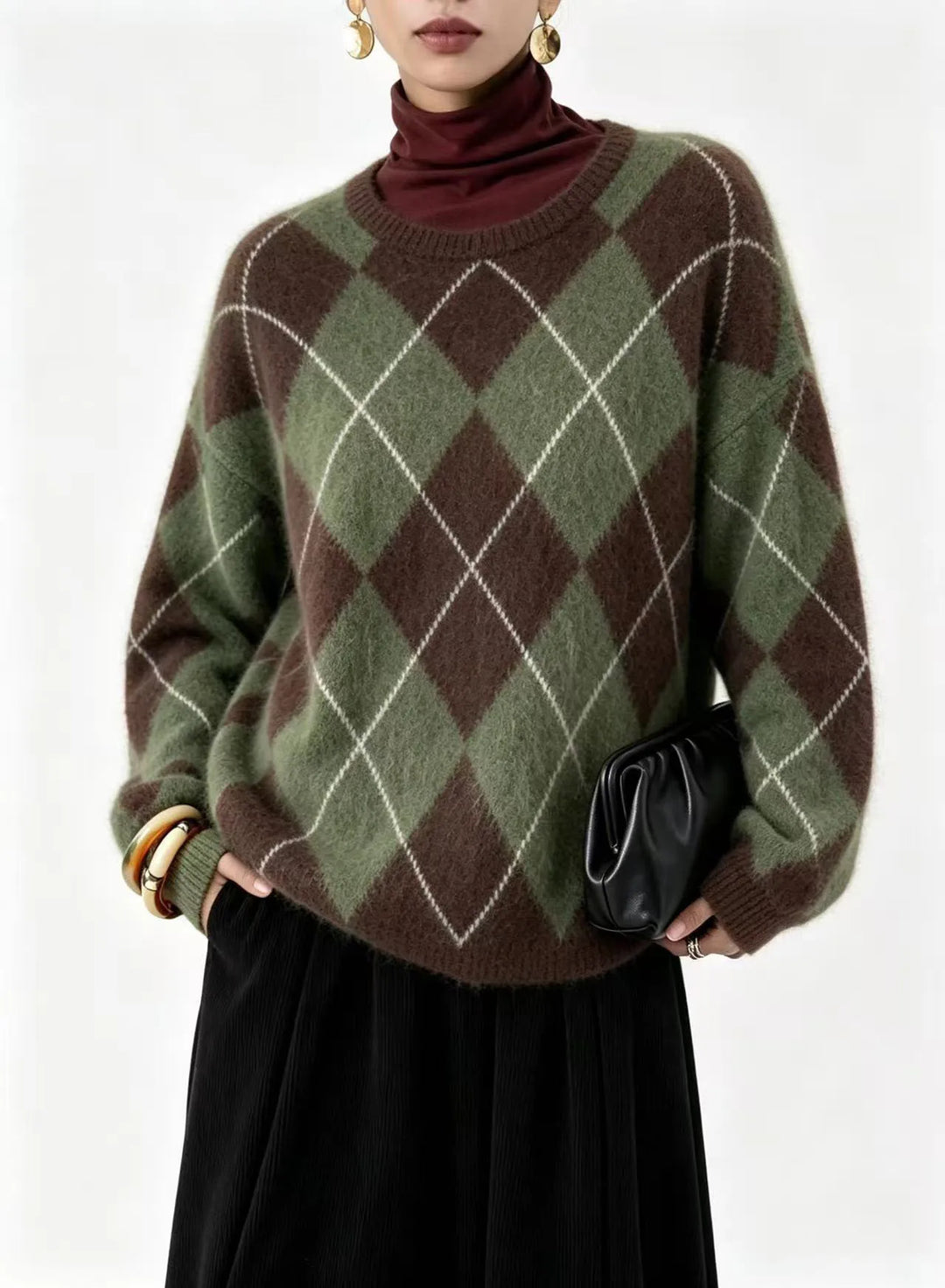 Woman wearing green and brown argyle knit sweater