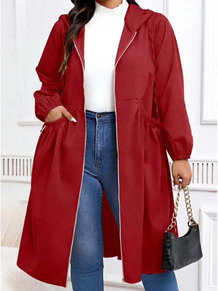 Red hooded long coat with drawstring waist, front view