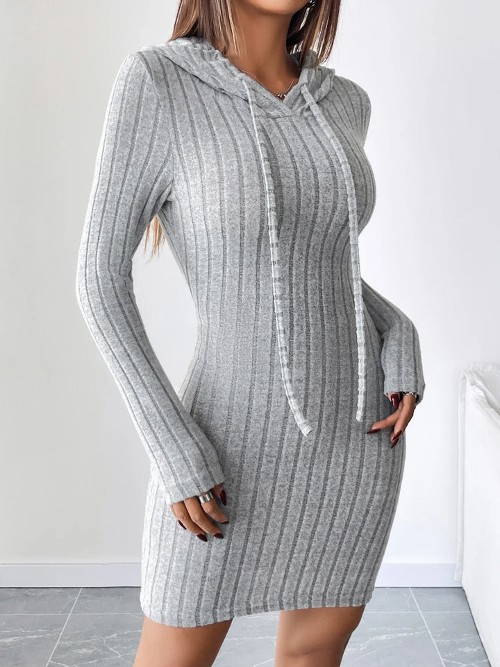 Close front view of gray ribbed knit hooded sweater dress with drawstring