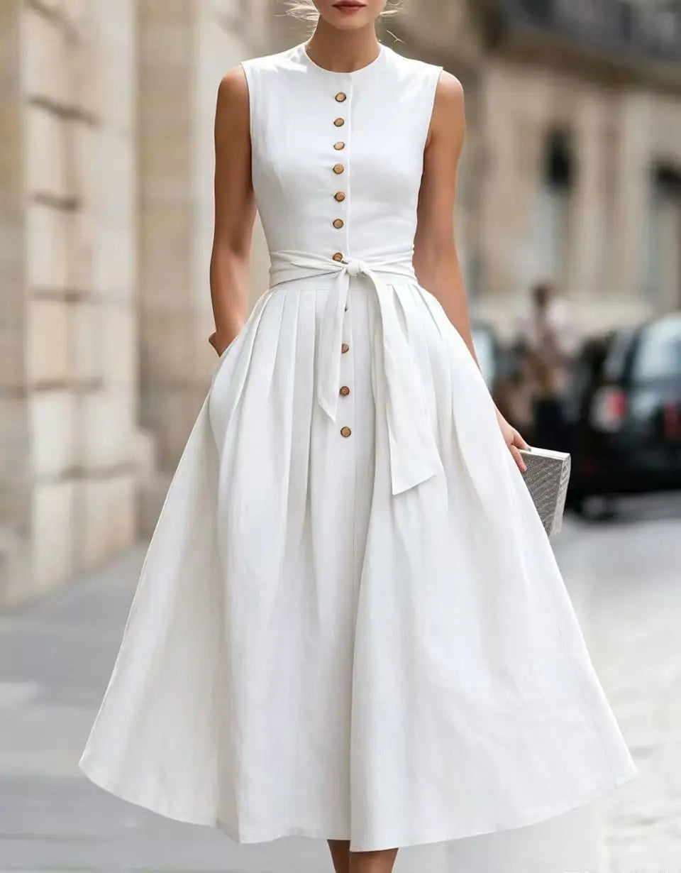Eloria Elegant Tie Waist Linen Midi Dress