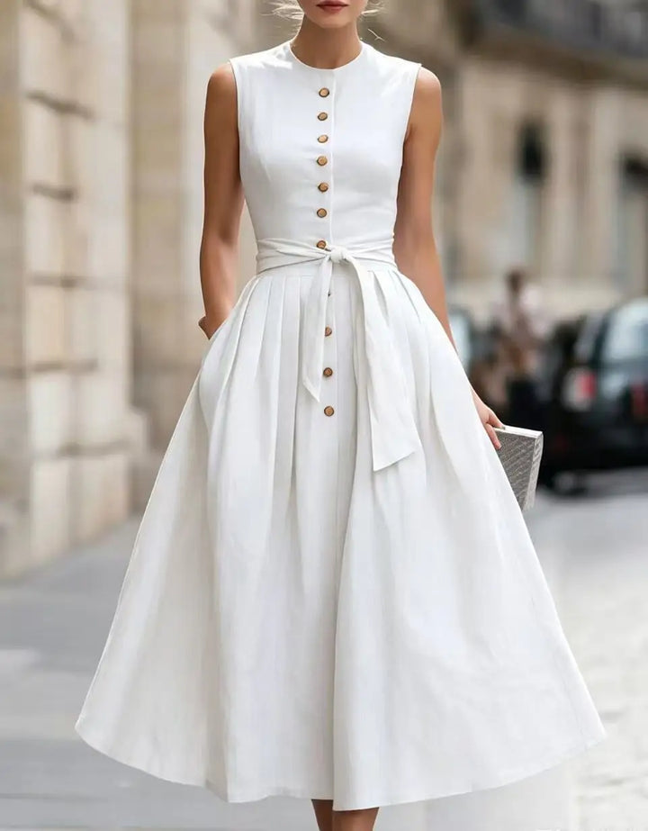 Eloria Elegant Tie Waist Linen Midi Dress