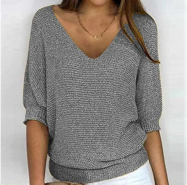 Gray V-neck knit sweater with three-quarter sleeves