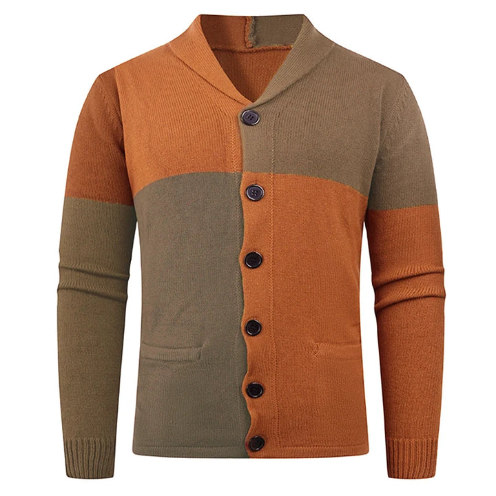 Caramel brown color-block shawl collar cardigan sweater, front view