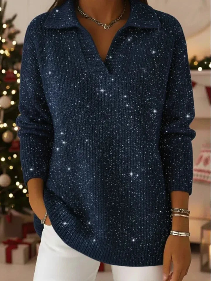Woman wearing navy blue sequined ribbed knit pullover sweater with collar