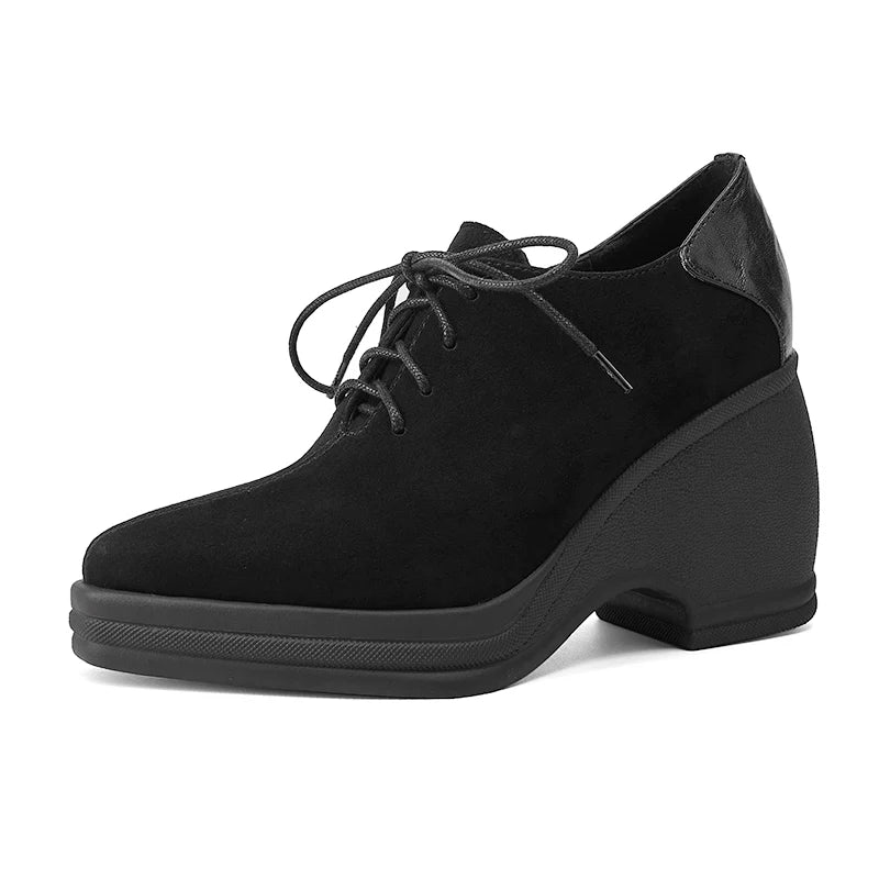 Black suede lace-up wedge pump, side profile on white background