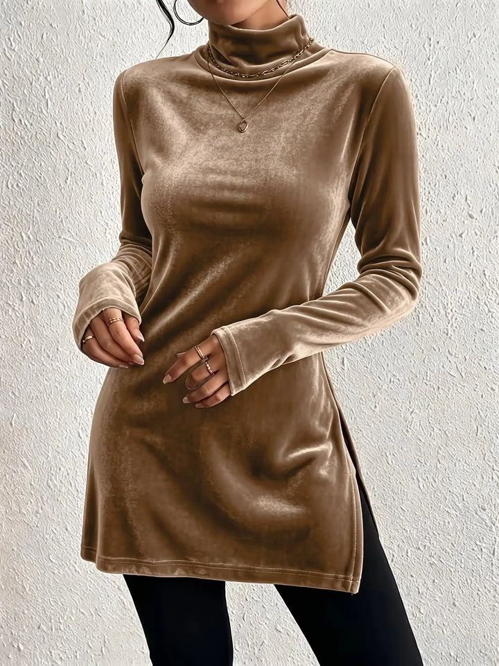 Woman wearing brown velvet mock turtleneck long sleeve top