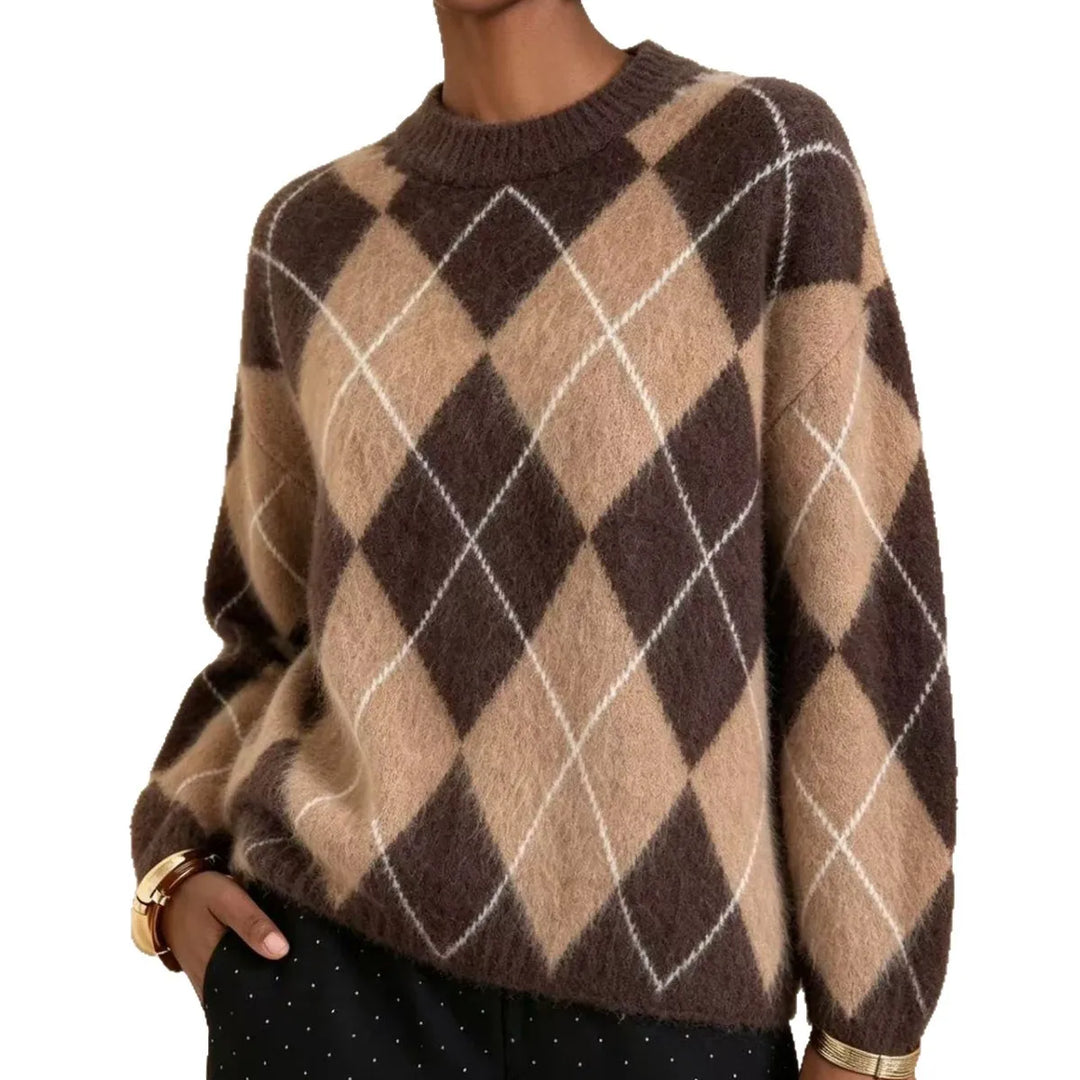 Close up of brown and tan argyle knit sweater crewneck