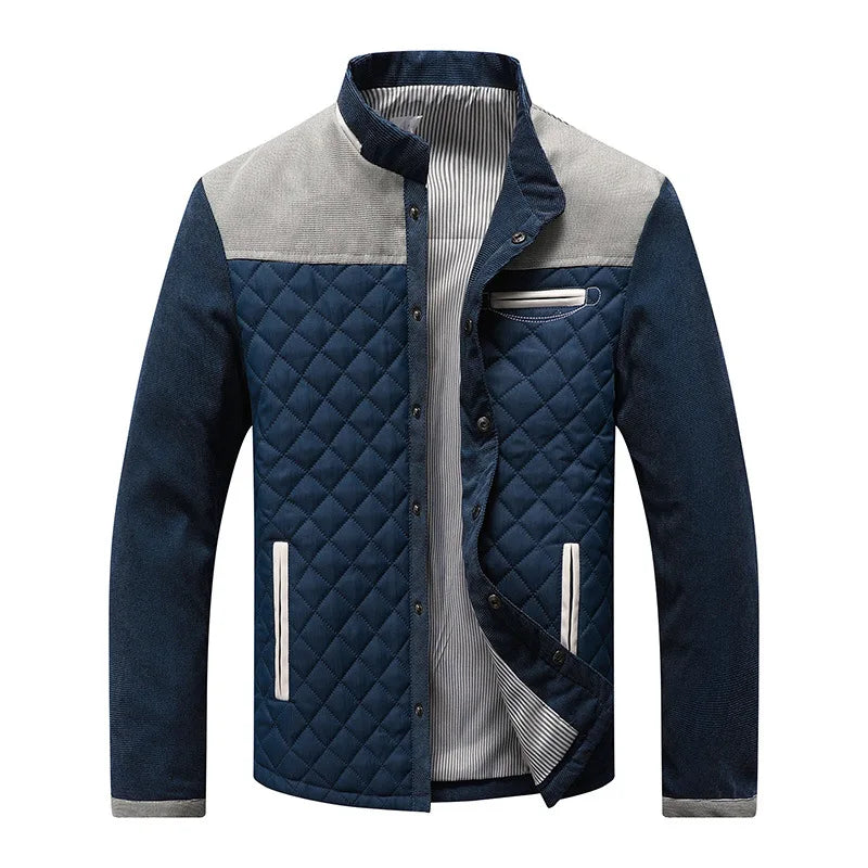 Men's quilted jacket in navy with grey shoulder yoke, front view