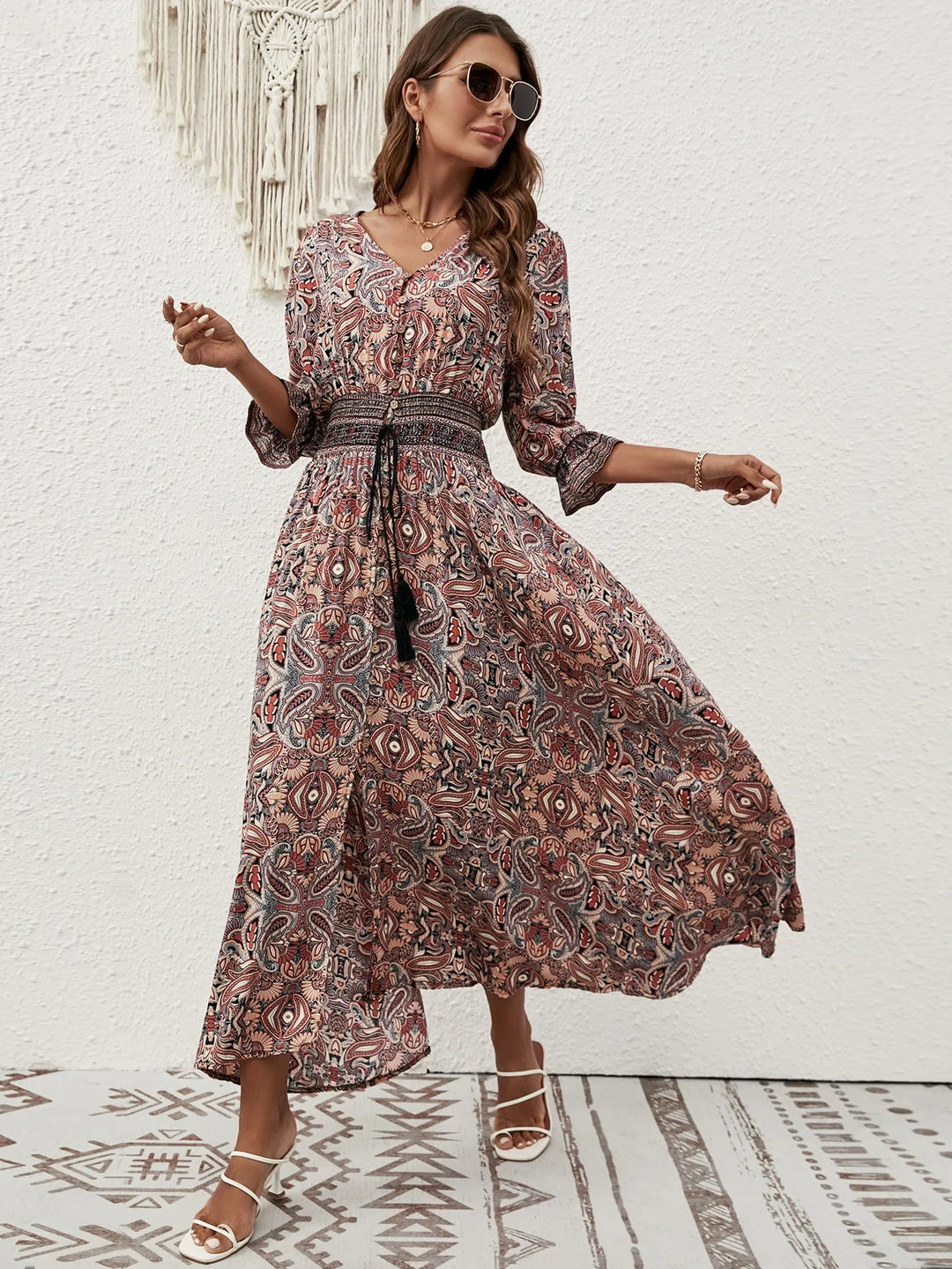 Mireya Bohemian Tie Waist Maxi Dress