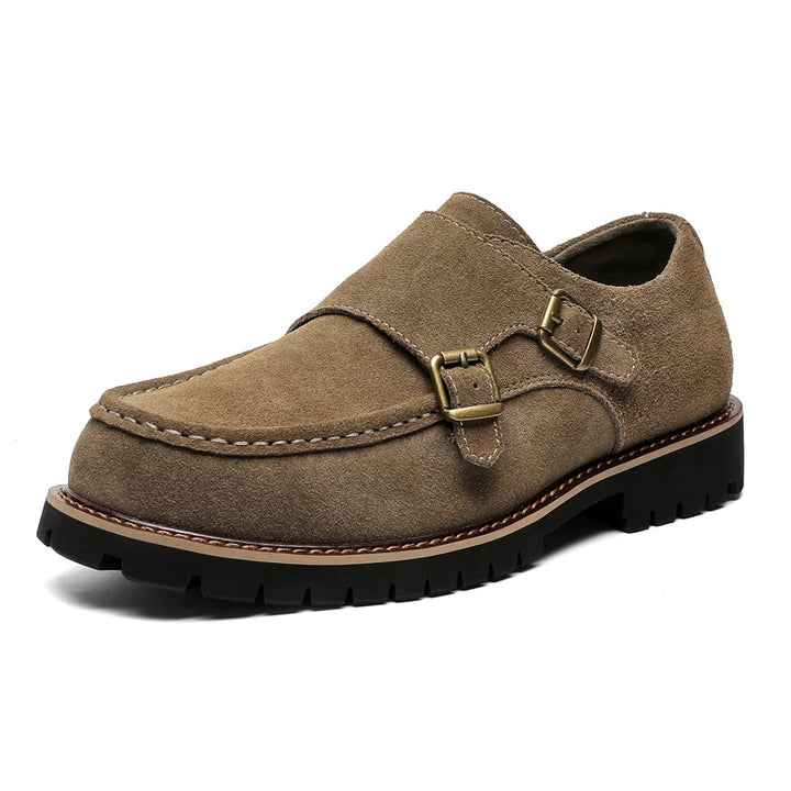 Khaki suede double monk strap loafer, angled view
