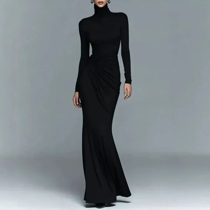 Black turtleneck bodycon maxi dress, front view