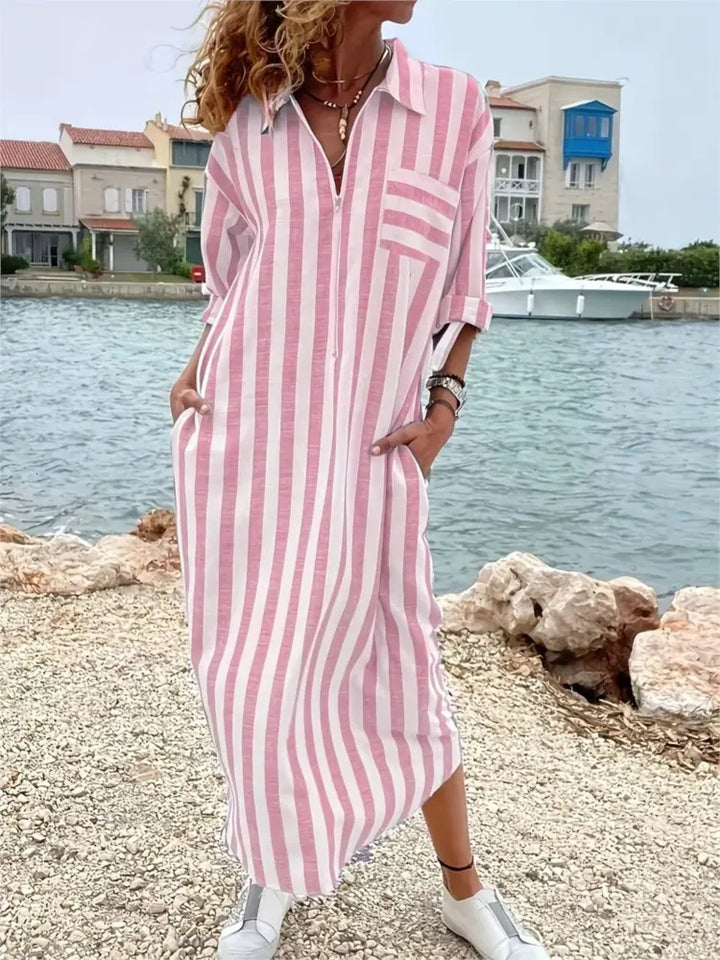 CelesseStriped Maxi Shirt Dress