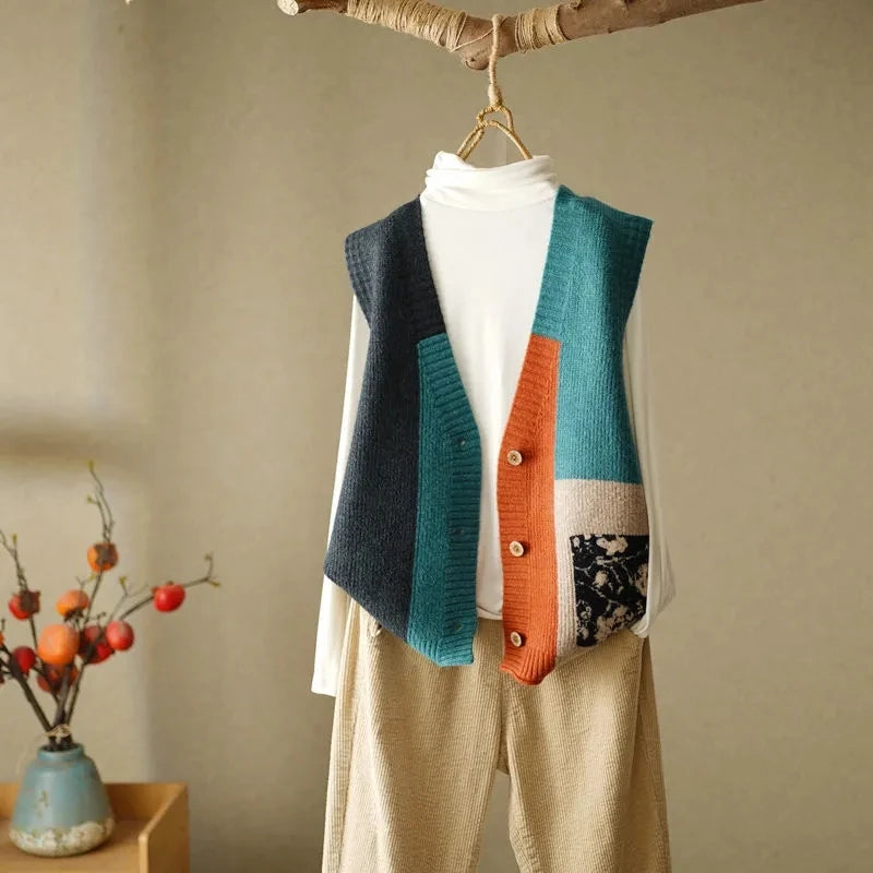 Colorblock knit sweater vest in teal and orange with floral patch pocket