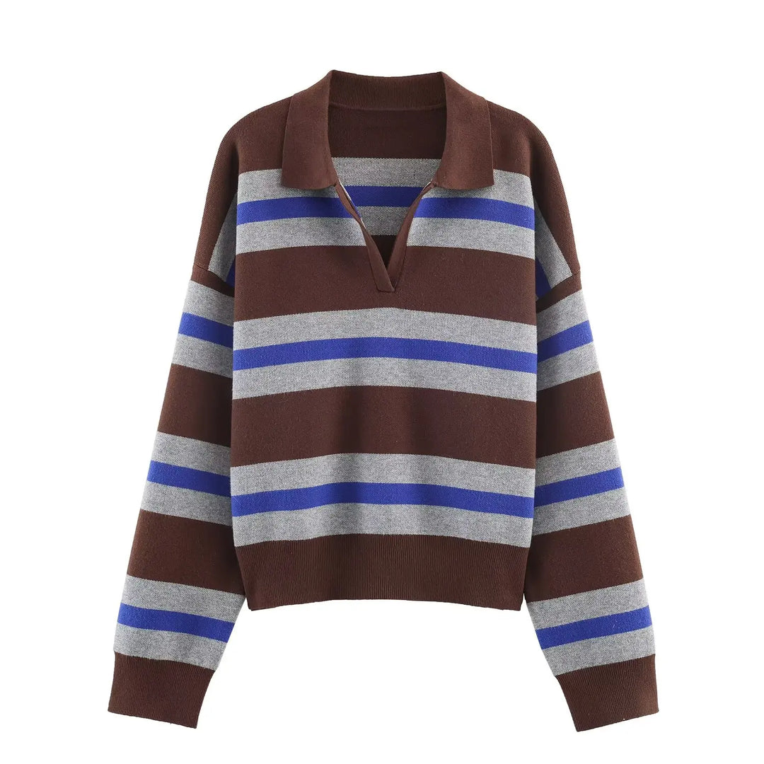 Brown and blue striped polo sweater, front view