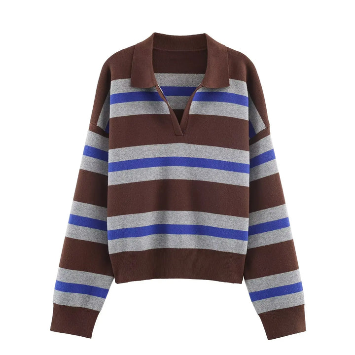 Brown and blue striped polo sweater, front view