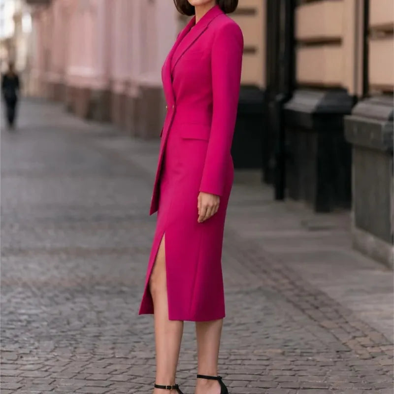 Rose red blazer dress, side profile view