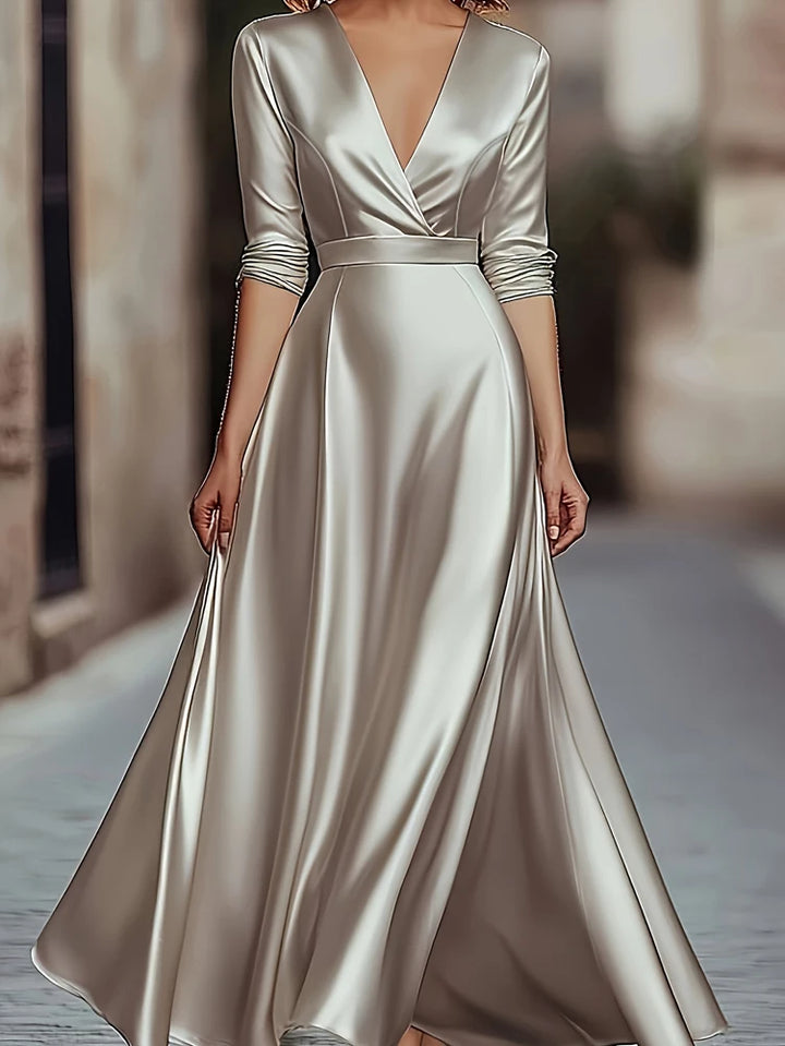 Apricot satin wrap V-neck A-line maxi dress, front view