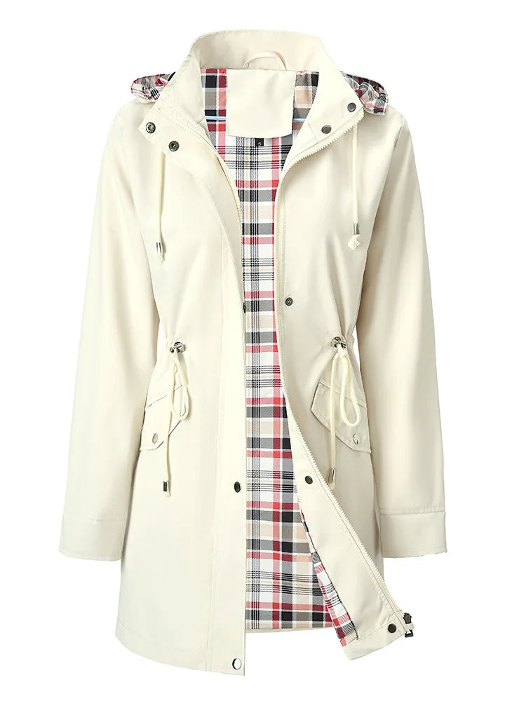Ivory white hooded rain jacket with plaid lining, close front view