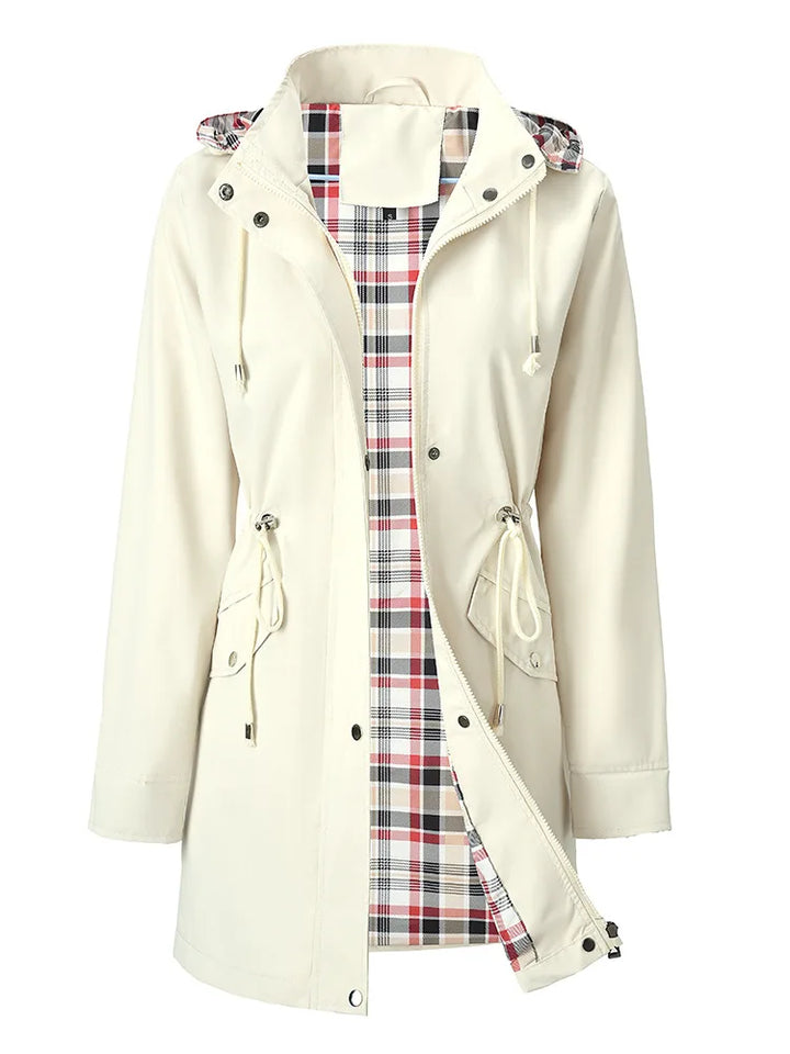 Ivory white hooded rain jacket with plaid lining, close front view