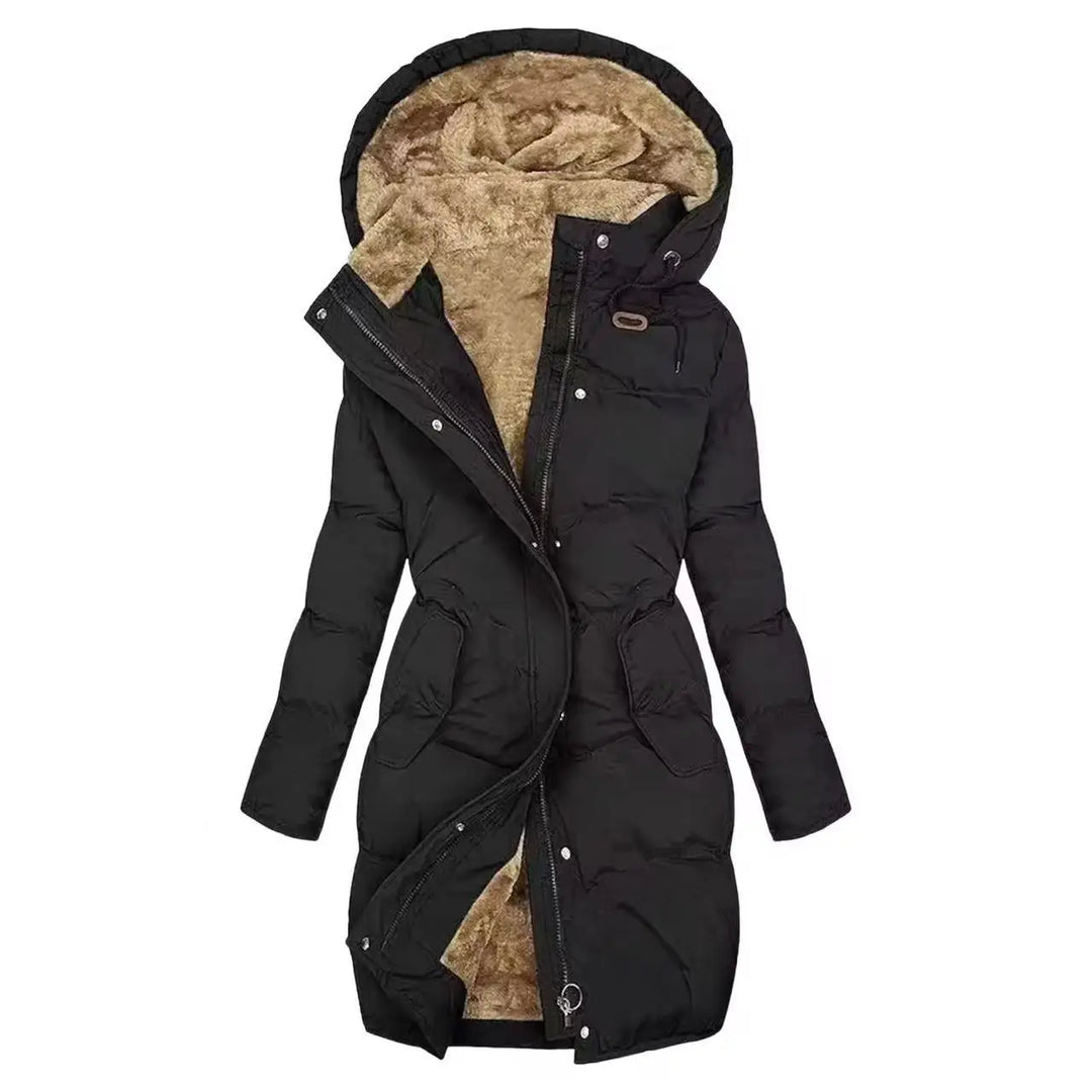 Black hooded parka coat with faux fur lined hood, front view