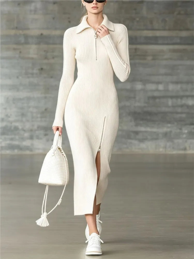 Creamy-white ribbed knit sweater dress, full length front view