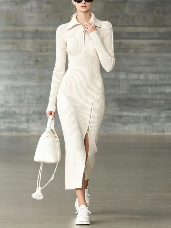 Creamy-white ribbed knit sweater dress, full length front view