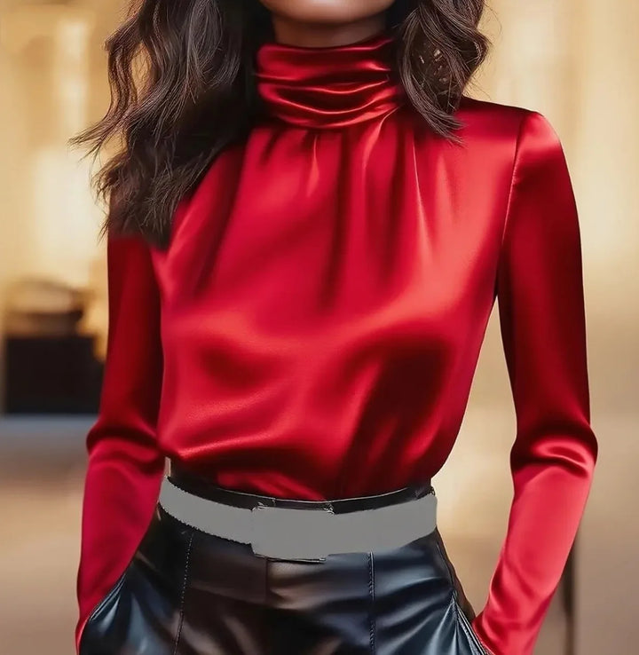 Close up of red satin turtleneck blouse detail