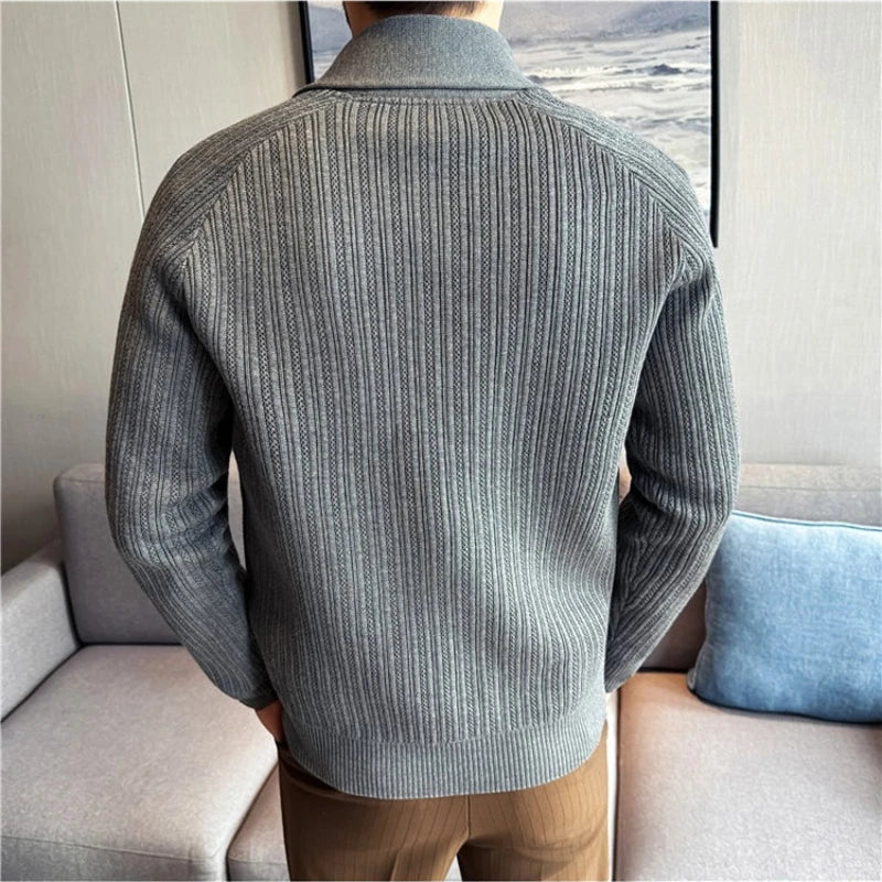 Back view of gray ribbed knit shawl collar cardigan