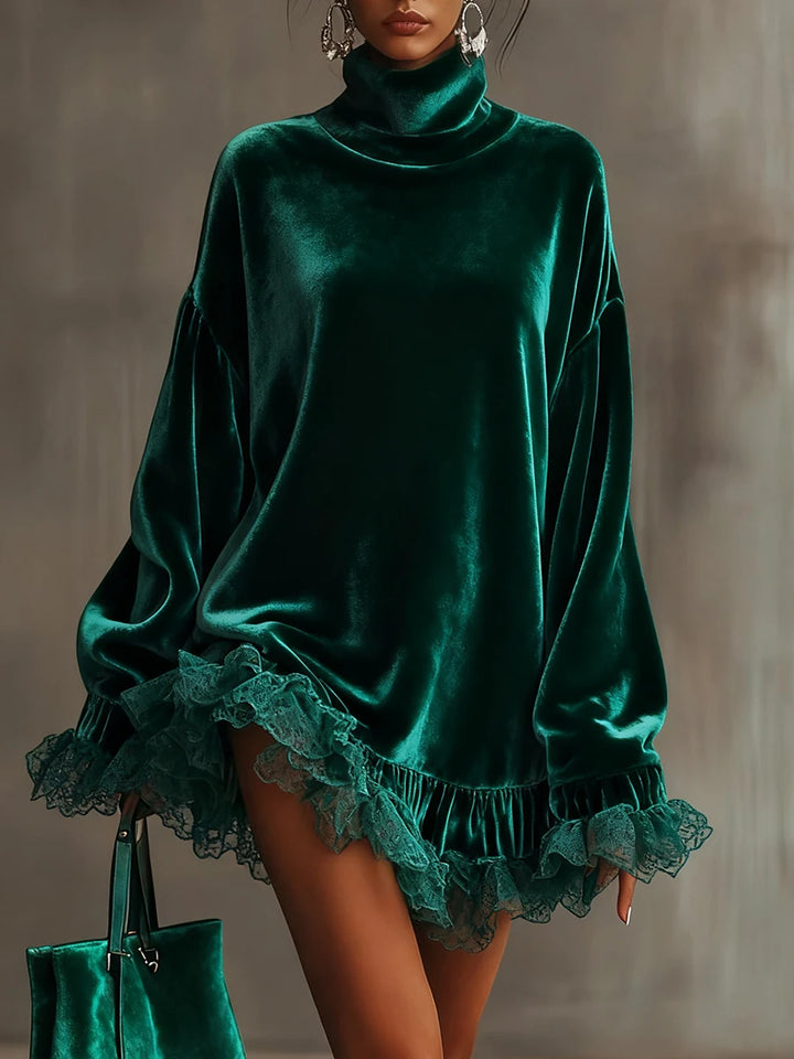 Woman wearing green velvet turtleneck mini dress with lace hem