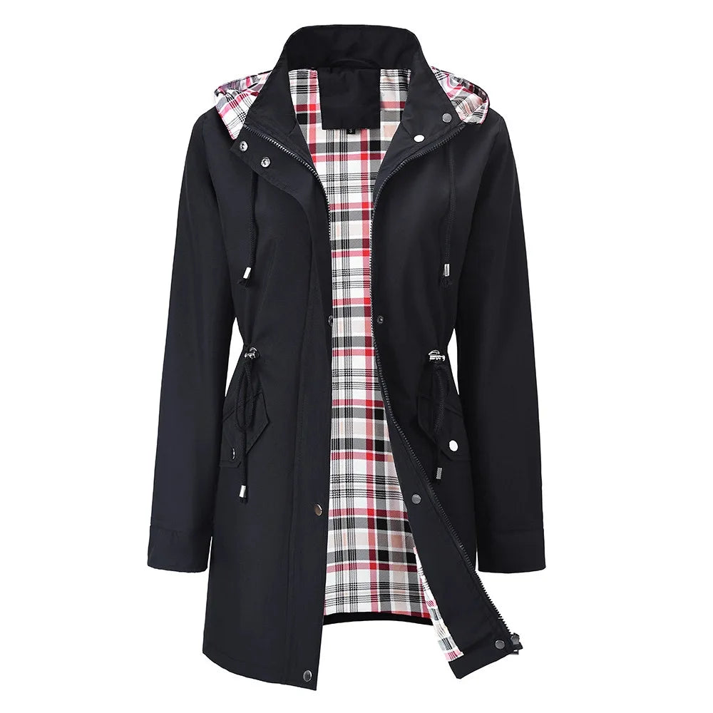 Black hooded rain jacket with plaid lining, front view