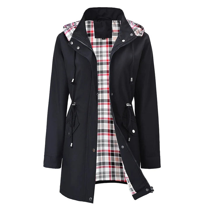 Black hooded rain jacket with plaid lining, front view