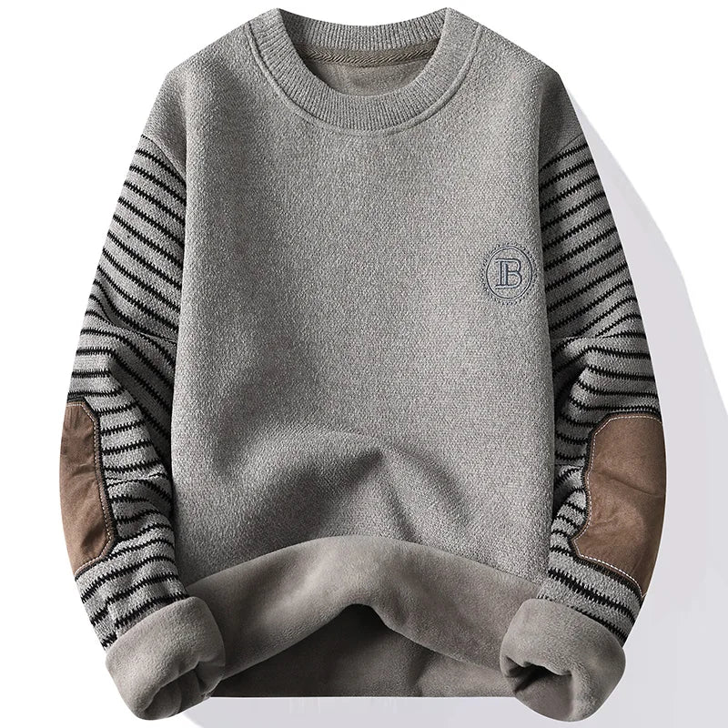 Grey crew neck pullover sweater with striped sleeves and suede elbow patches, front view